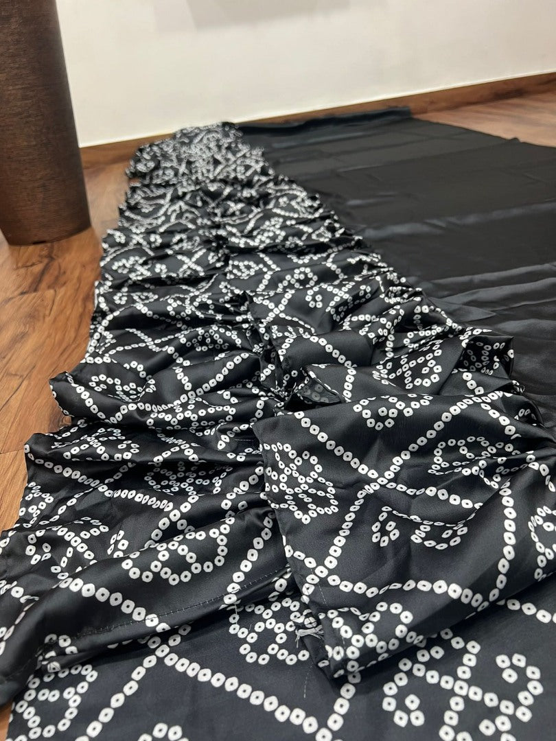 Black satin bandhni print saree