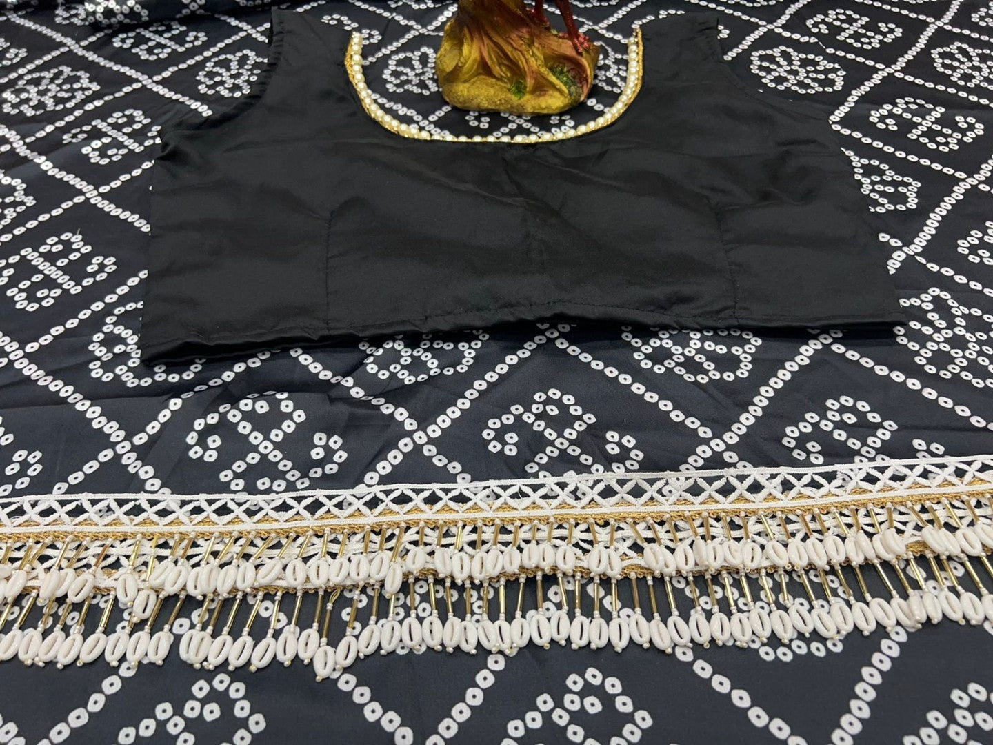 Black satin bandhni print saree