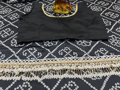 Black satin bandhni print saree
