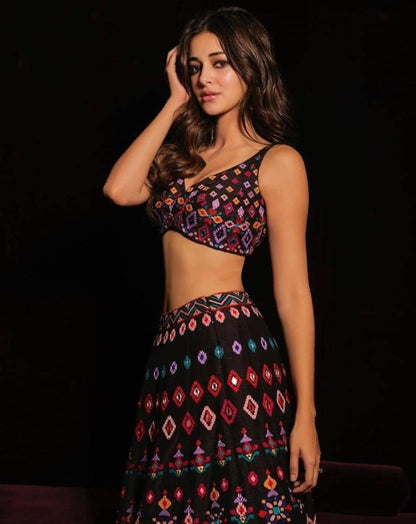 Black satin banglori multi digital printed stylist lehenga choli