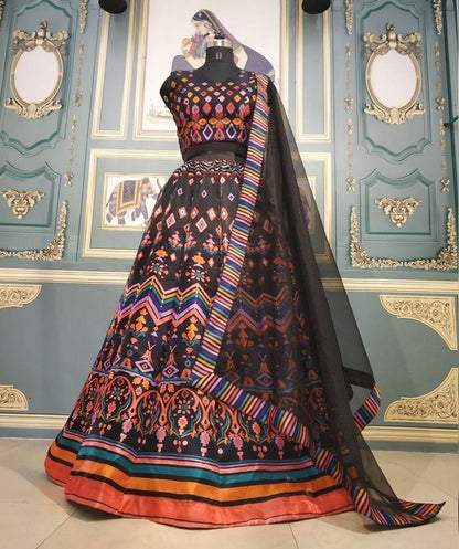 Black satin banglori multi digital printed stylist lehenga choli