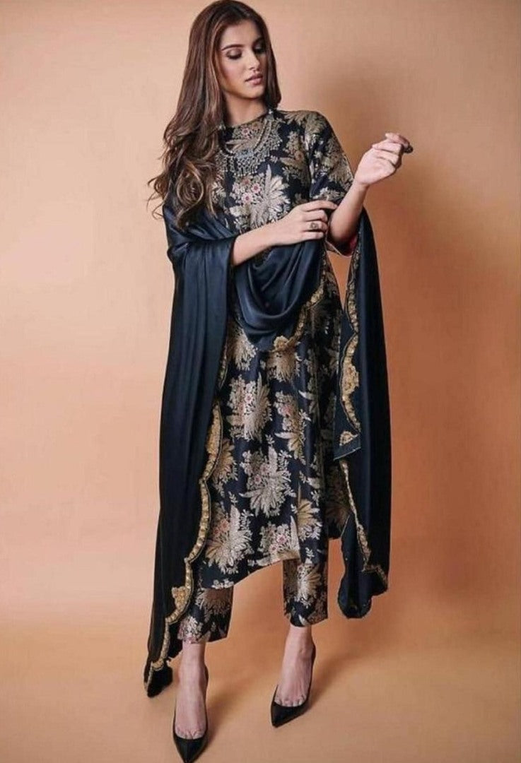 Black satin digital printed salwar suit