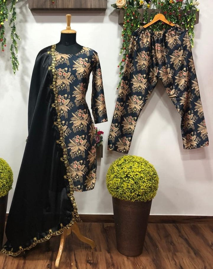Black satin digital printed salwar suit