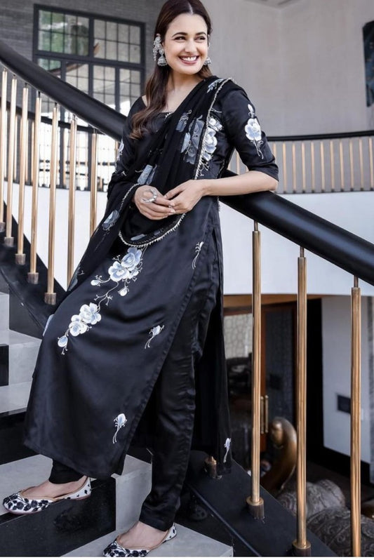 Black satin flower printed salwar suit