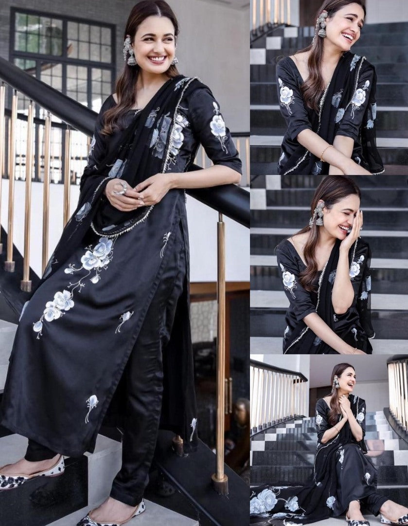 Black satin flower printed salwar suit