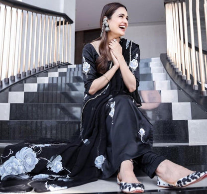 Black satin flower printed salwar suit