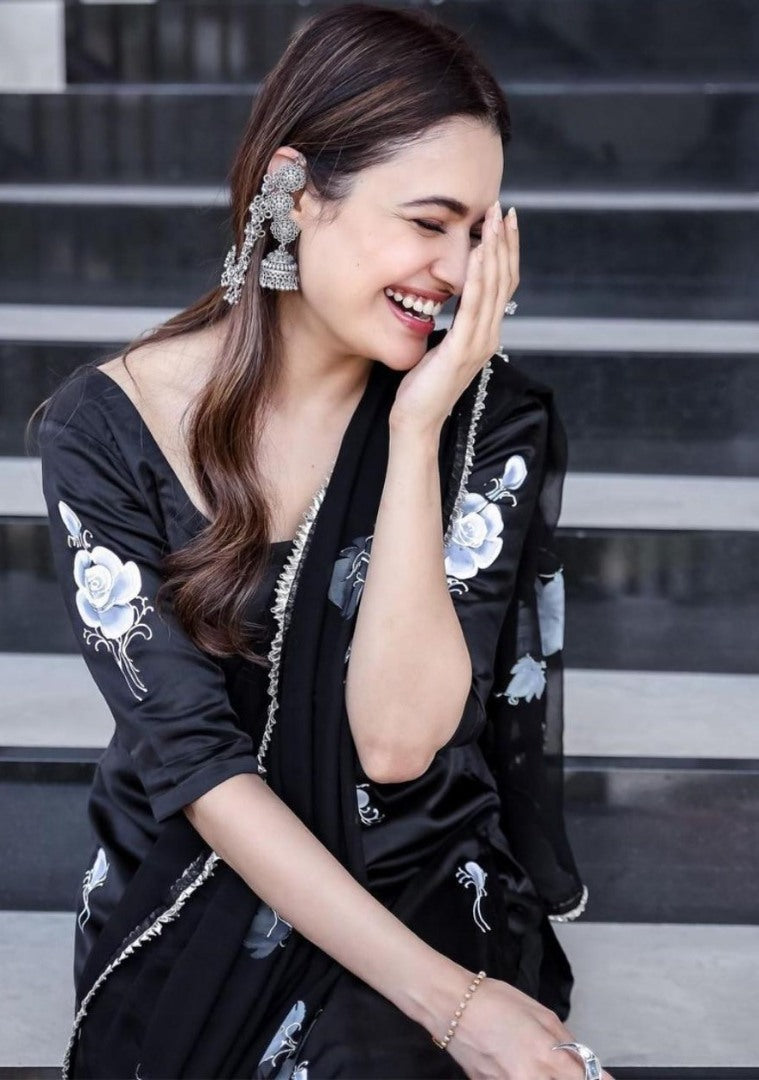 Black satin flower printed salwar suit