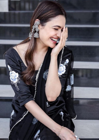 Black satin flower printed salwar suit