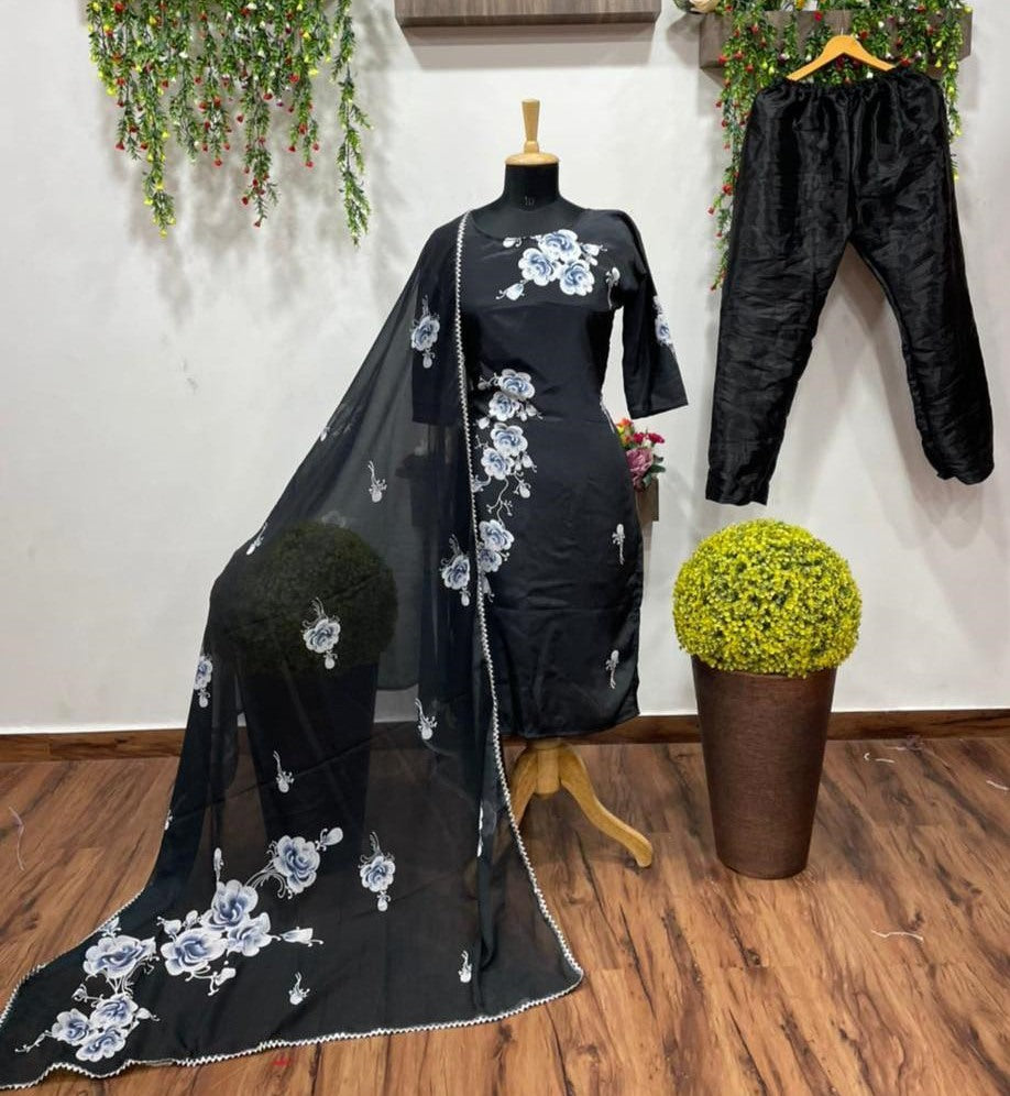 Black satin flower printed salwar suit