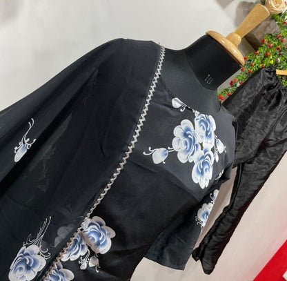 Black satin flower printed salwar suit