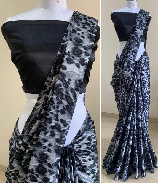 Black satin georgette digital printed saree