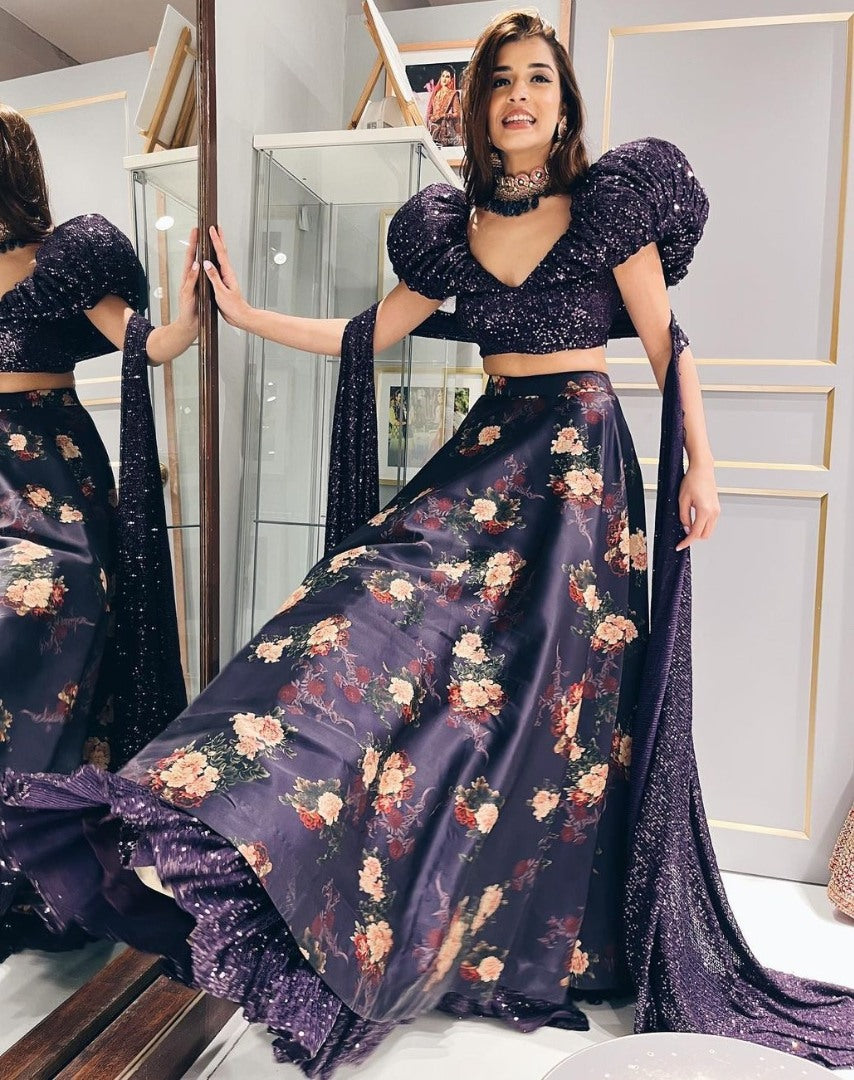 Black satin silk flower printed ruffle border lehenga choli