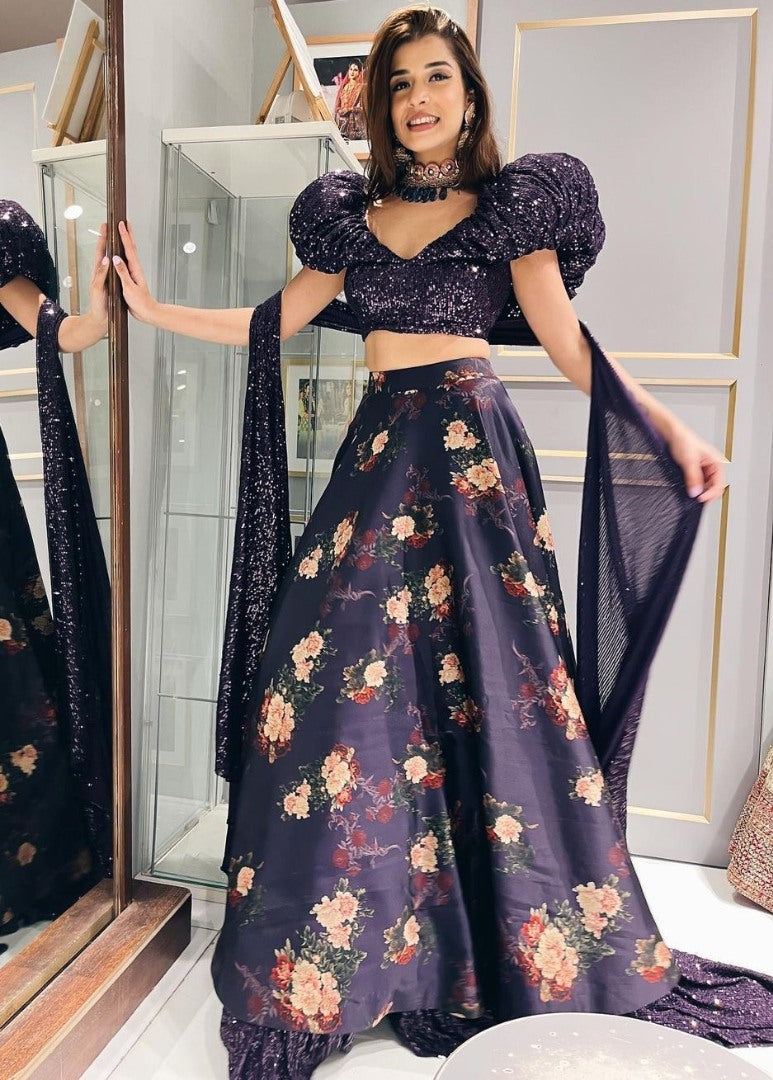 Black satin silk flower printed ruffle border lehenga choli