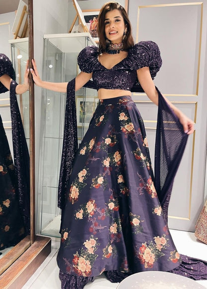 Black satin silk flower printed ruffle border lehenga choli