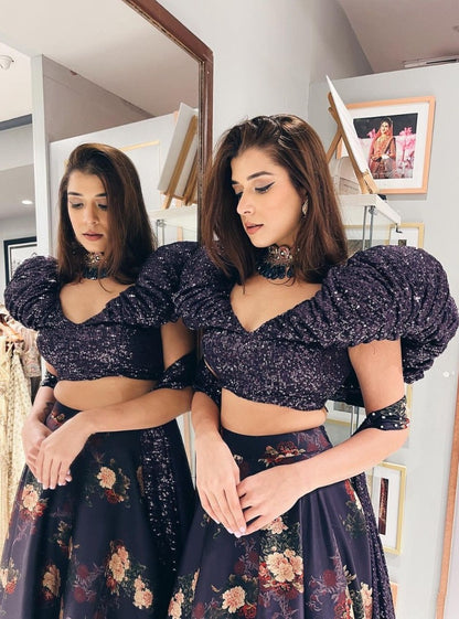 Black satin silk flower printed ruffle border lehenga choli