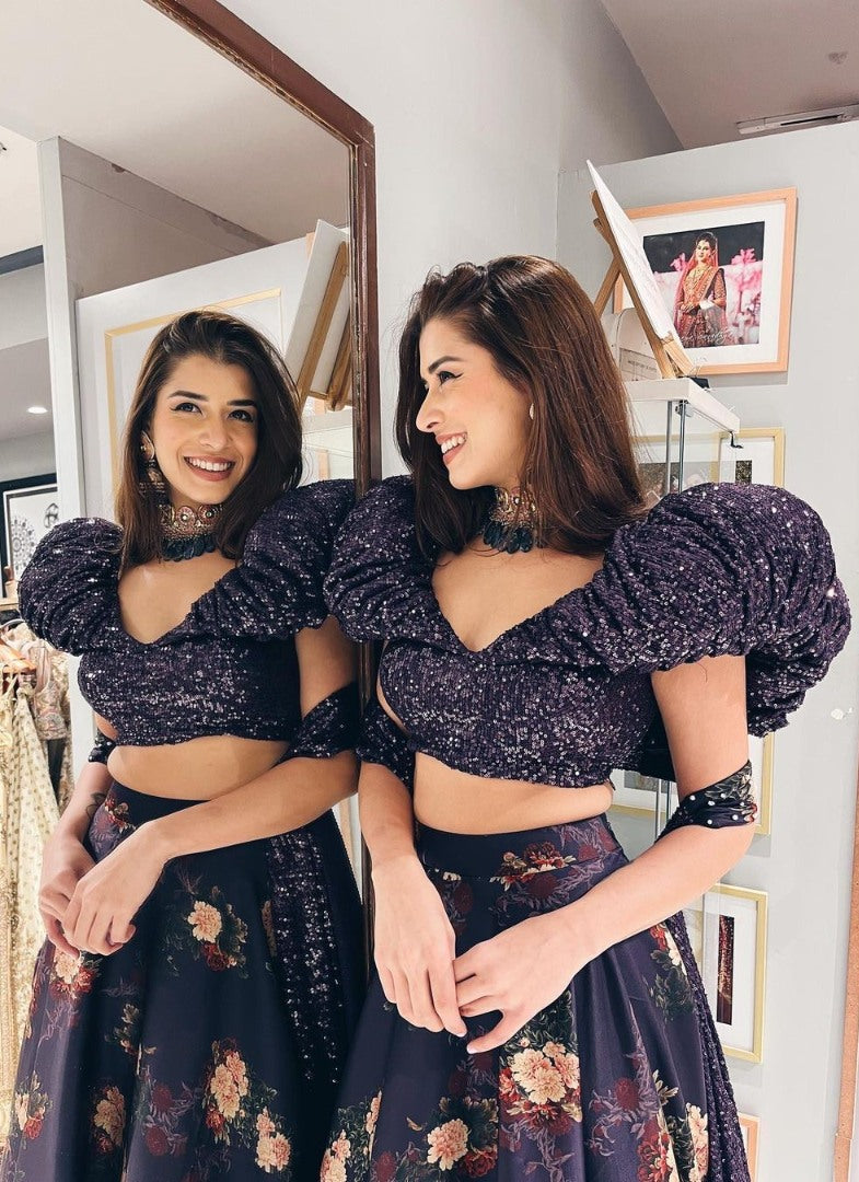 Black satin silk flower printed ruffle border lehenga choli