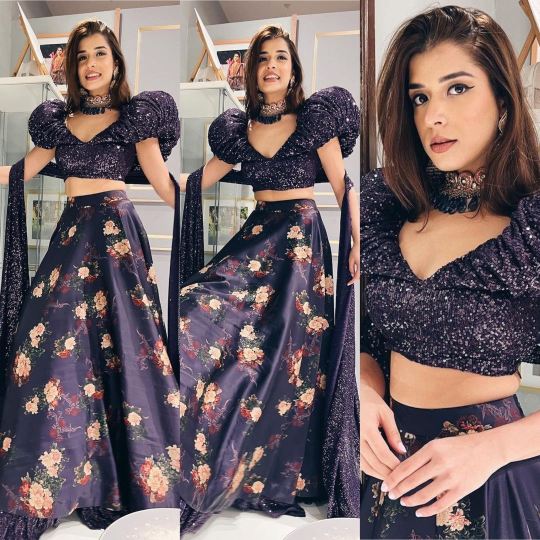 Black satin silk flower printed ruffle border lehenga choli