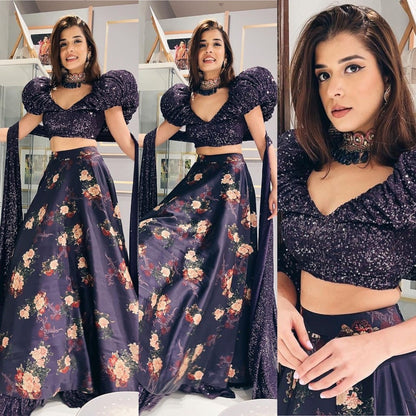 Black satin silk flower printed ruffle border lehenga choli