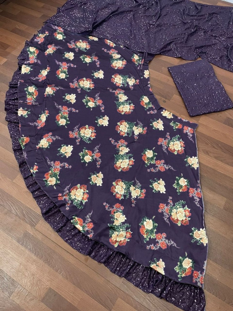 Black satin silk flower printed ruffle border lehenga choli