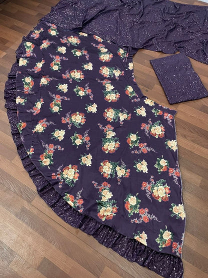 Black satin silk flower printed ruffle border lehenga choli