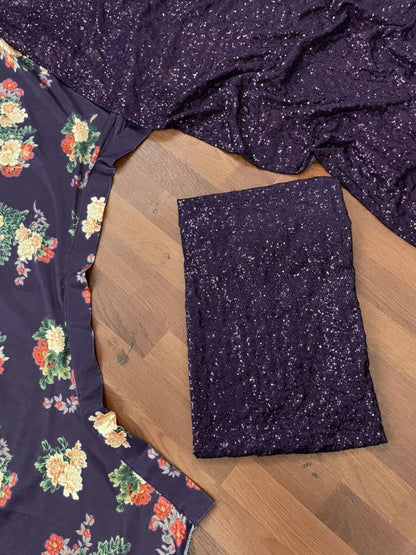 Black satin silk flower printed ruffle border lehenga choli