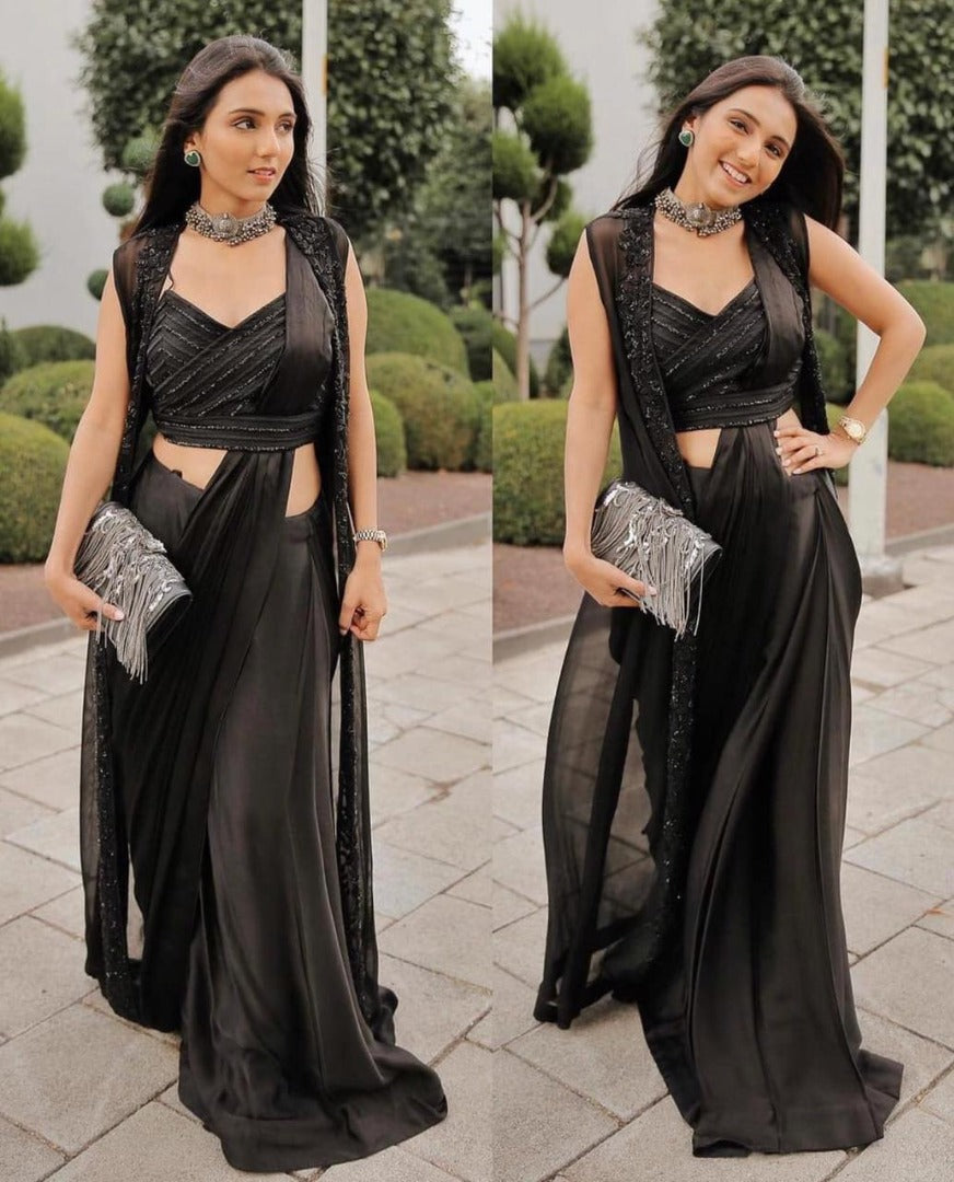 Black satin silk indowestern party wear saree