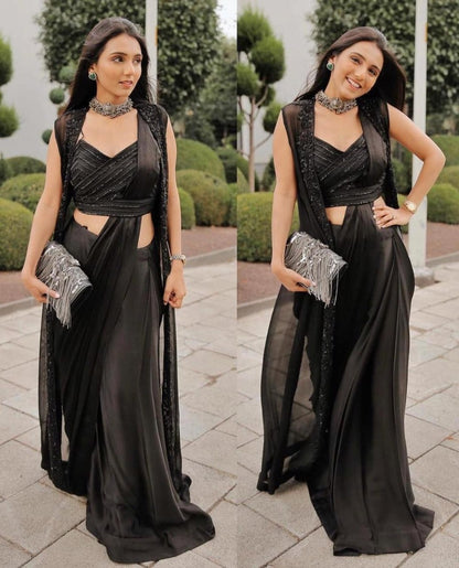 Black satin silk indowestern party wear saree
