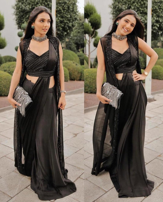 Black satin silk indowestern party wear saree