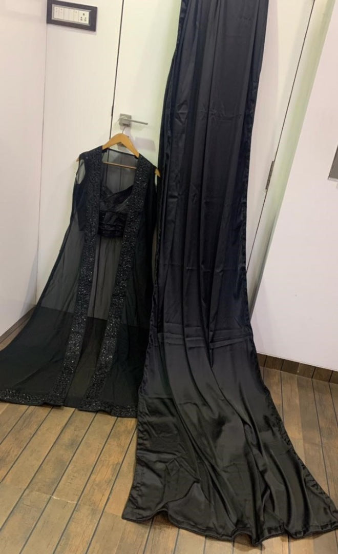 Black satin silk indowestern party wear saree