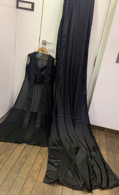 Black satin silk indowestern party wear saree