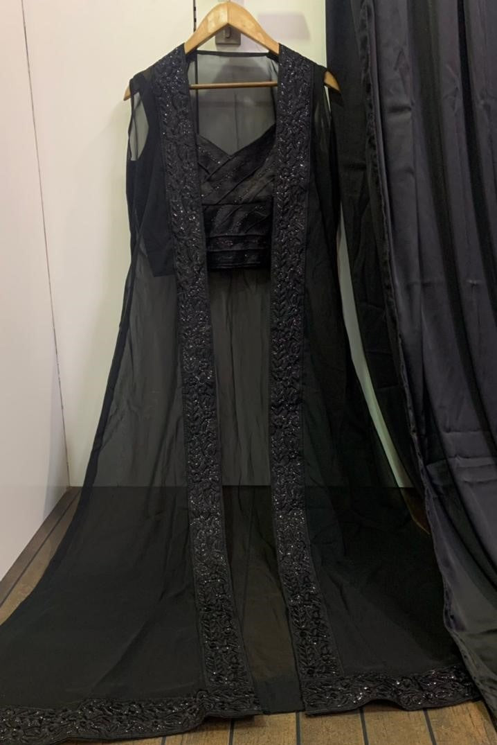 Black satin silk indowestern party wear saree