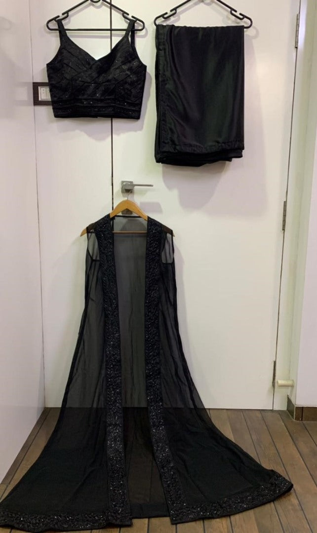 Black satin silk indowestern party wear saree