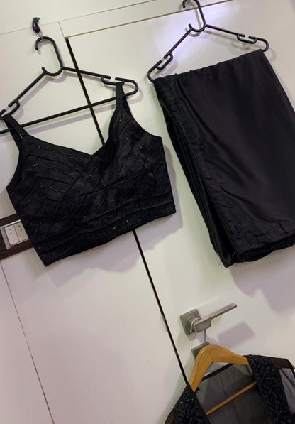 Black satin silk indowestern party wear saree