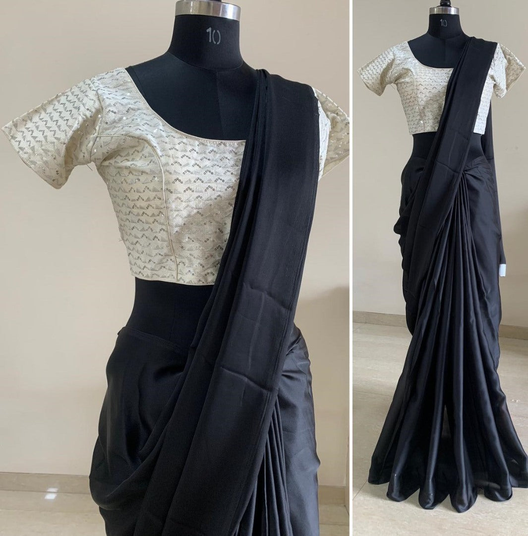 Black satin silk plain work saree