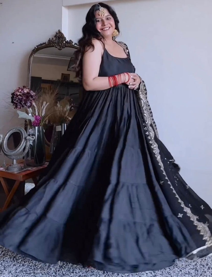 Black satin silk ruffle flairy party wear gown