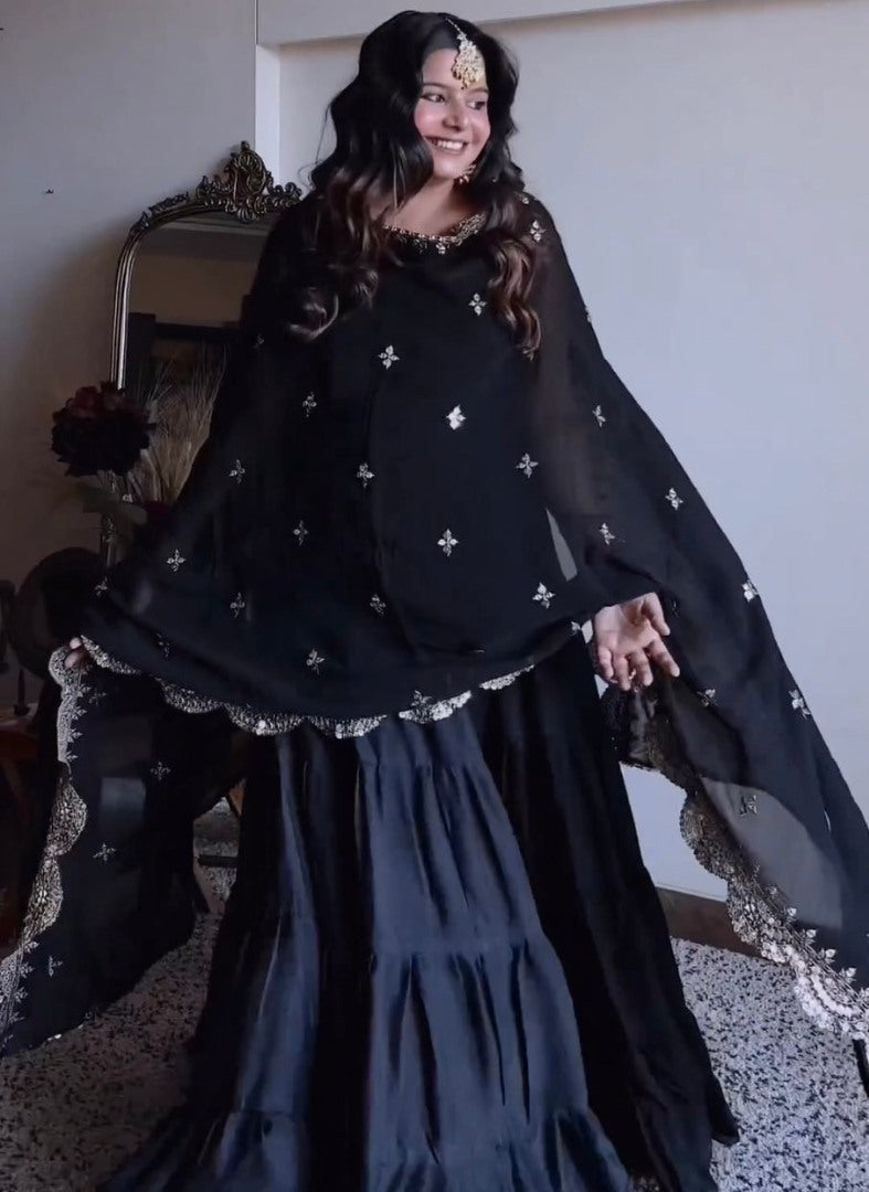 Black satin silk ruffle flairy party wear gown