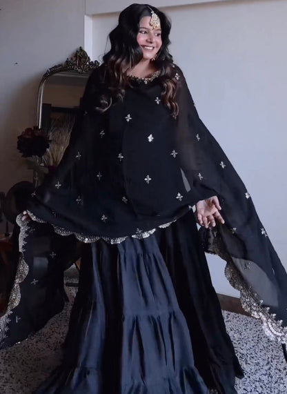 Black satin silk ruffle flairy party wear gown