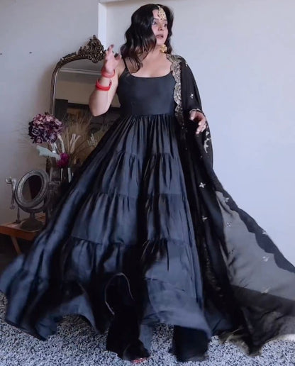 Black satin silk ruffle flairy party wear gown