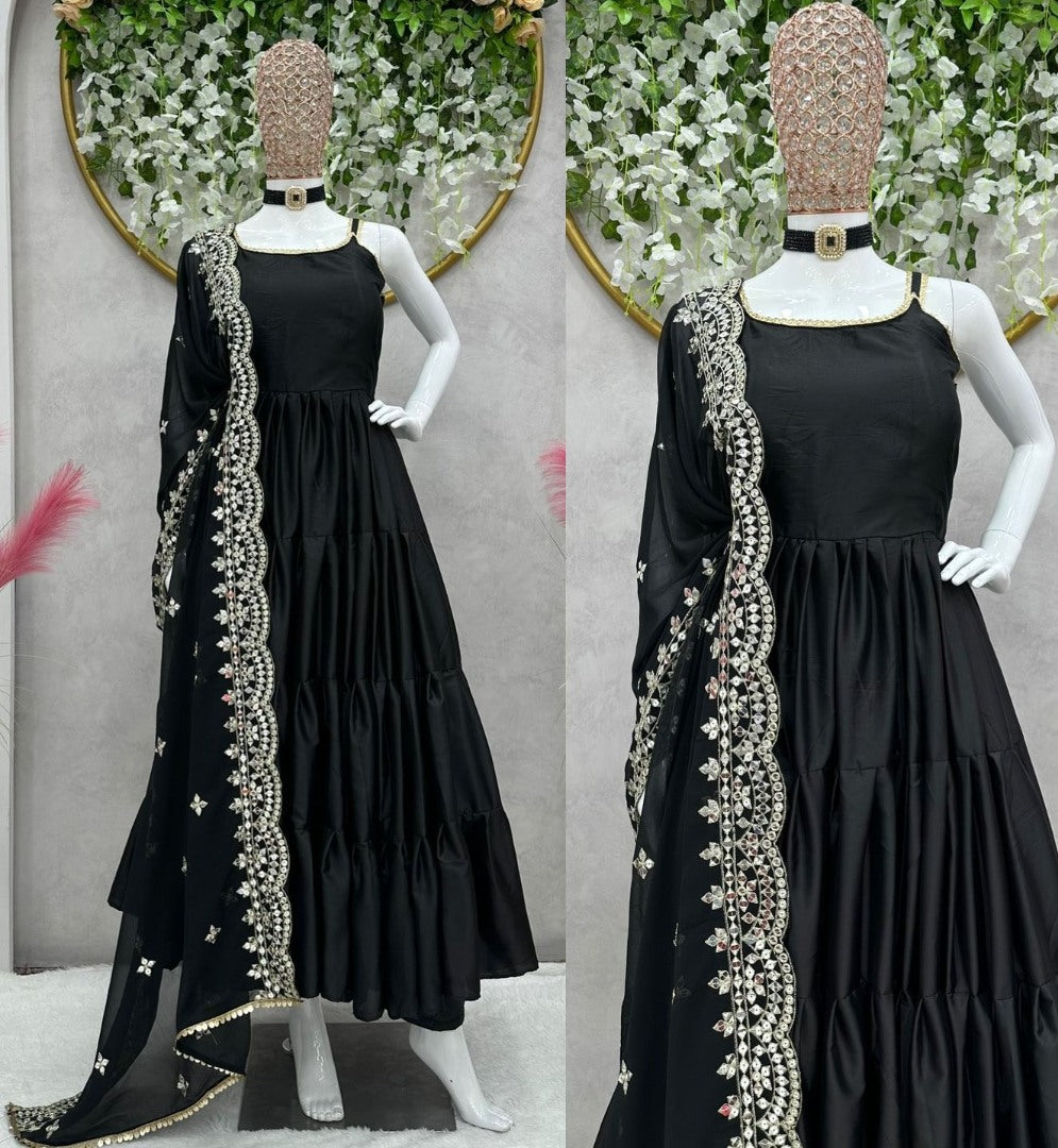 Black satin silk ruffle flairy party wear gown