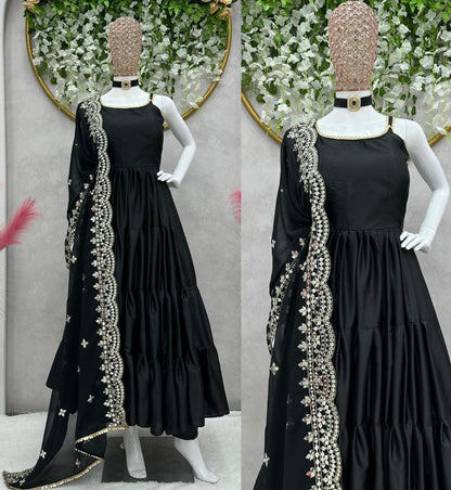 Black satin silk ruffle flairy party wear gown