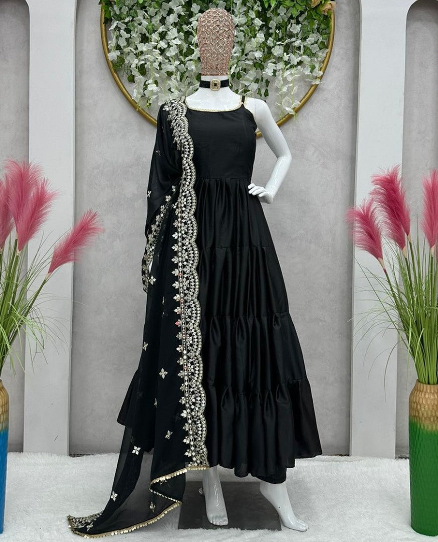 Black satin silk ruffle flairy party wear gown