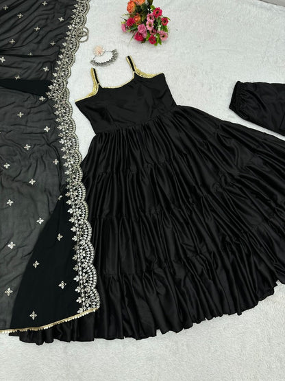 Black satin silk ruffle flairy party wear gown