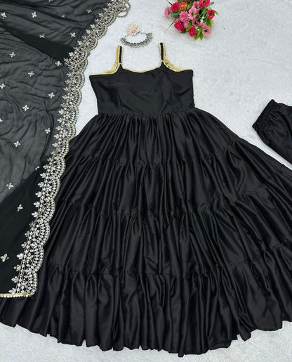 Black satin silk ruffle flairy party wear gown