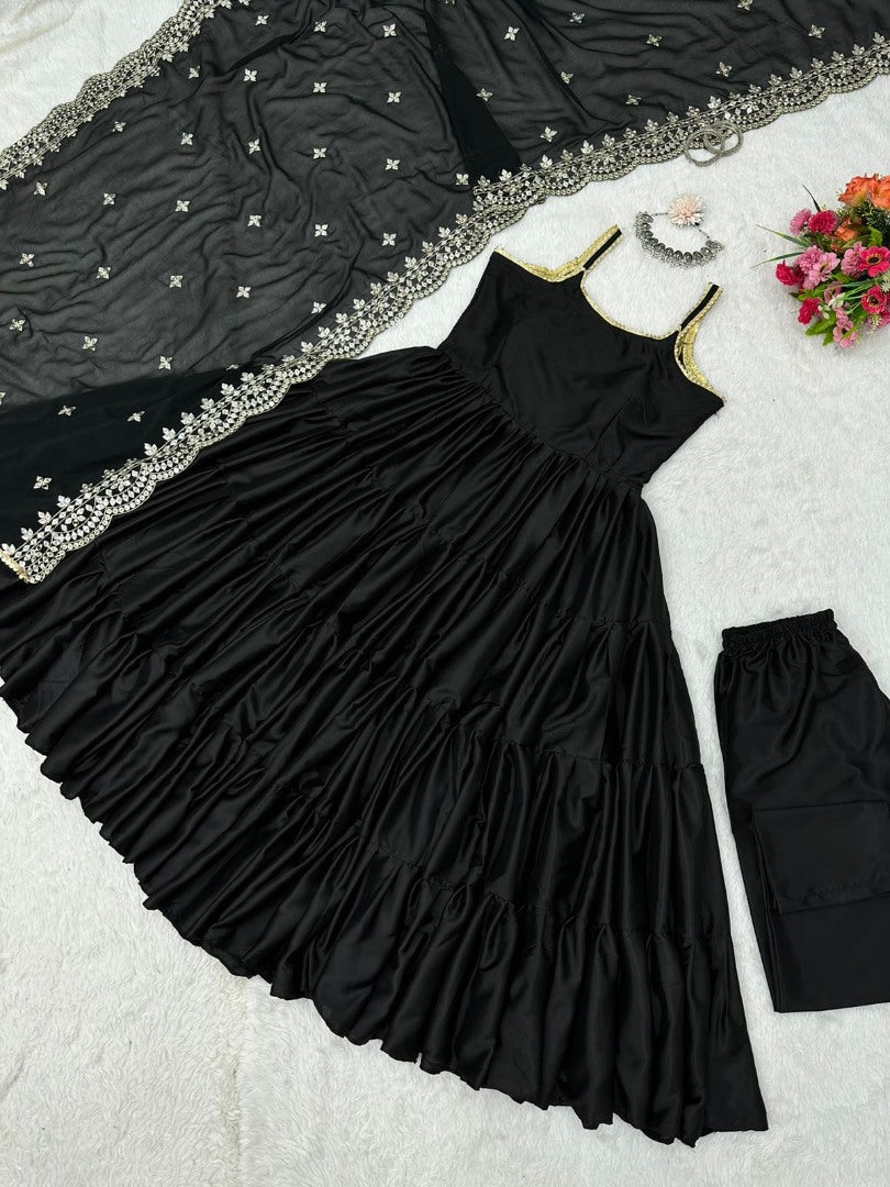 Black satin silk ruffle flairy party wear gown