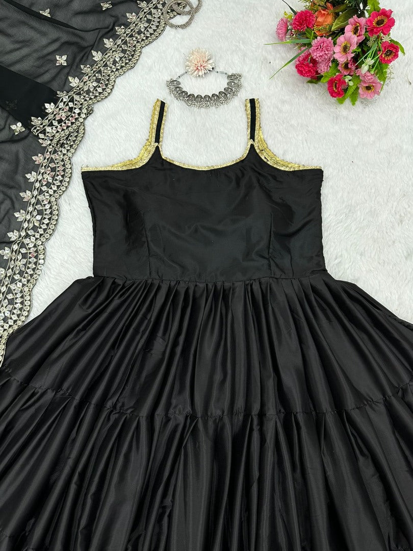 Black satin silk ruffle flairy party wear gown