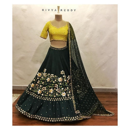 Black satin tapeta silk embroidered wedding lehenga