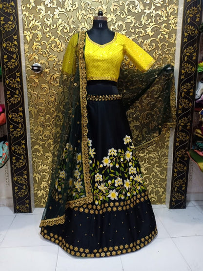 Black satin tapeta silk embroidered wedding lehenga
