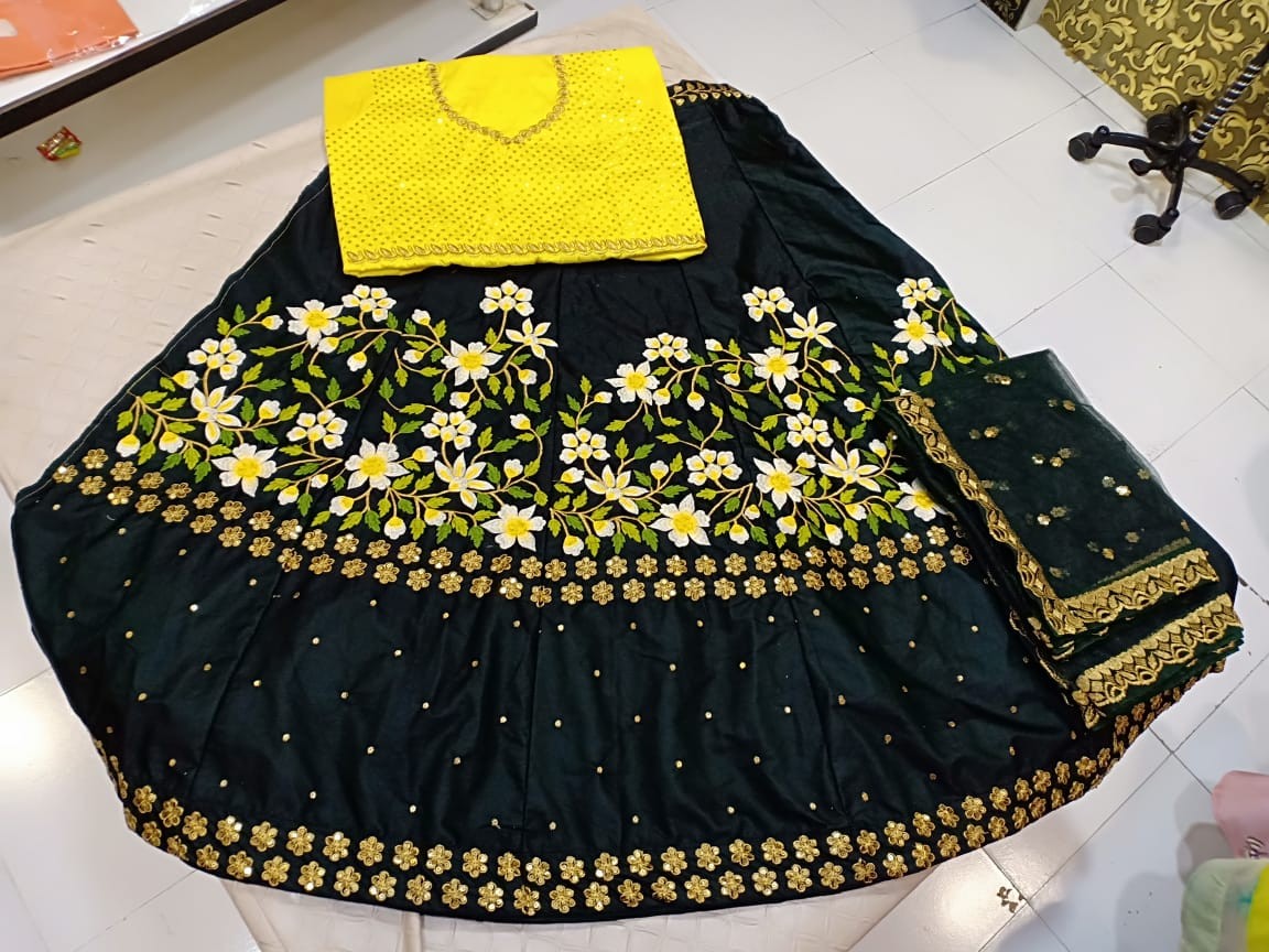 Black satin tapeta silk embroidered wedding lehenga