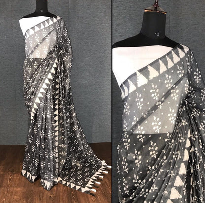 Black semi chanderi linen digital printed work saree