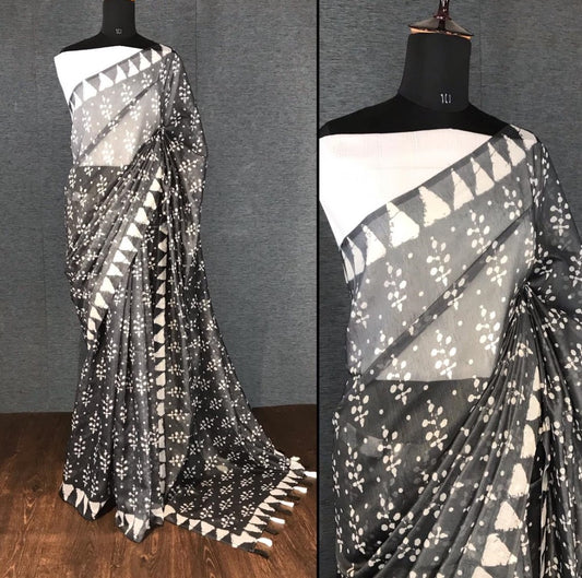 Black semi chanderi linen digital printed work saree